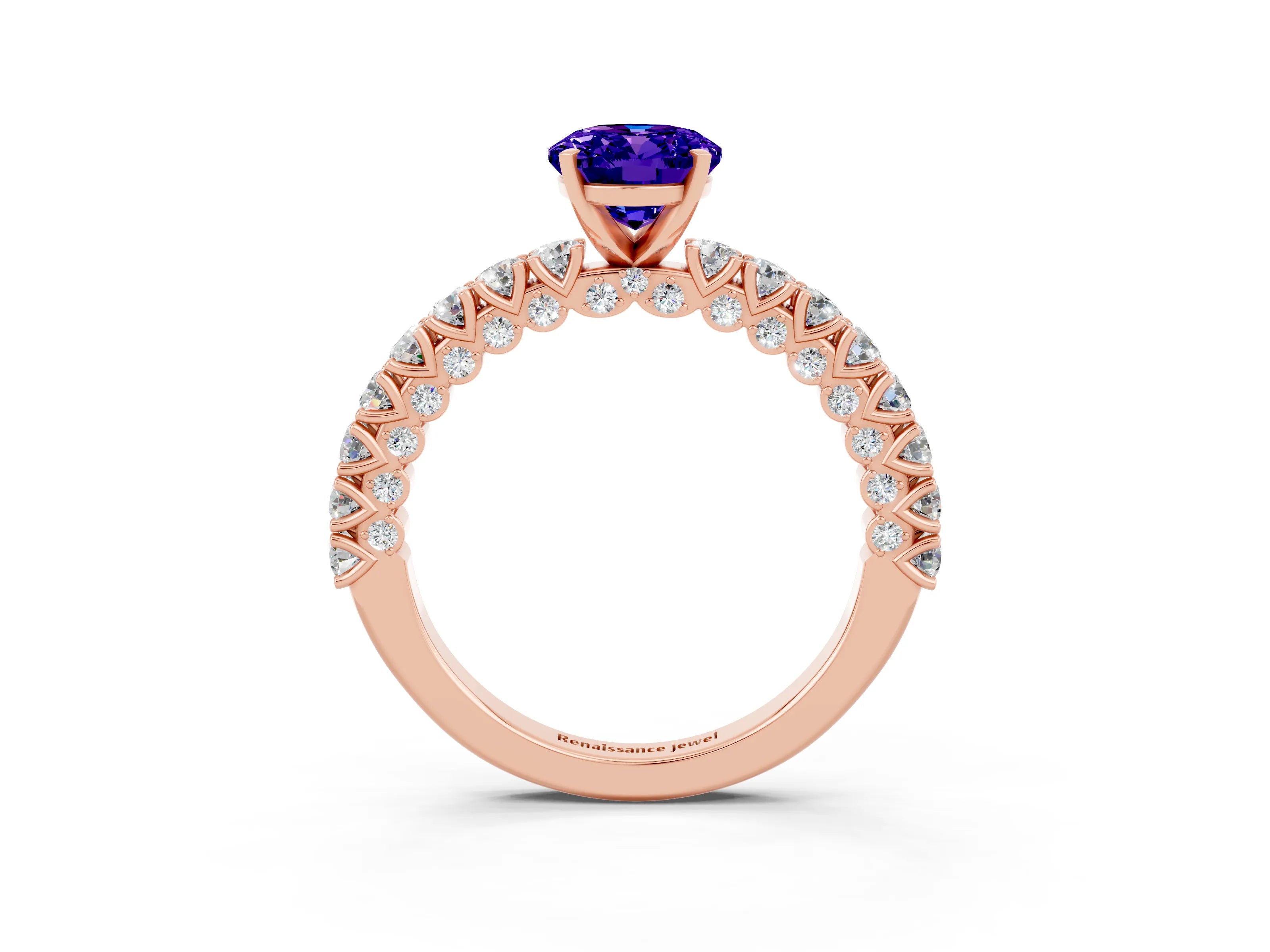 Rose gold Oval Cut Diamond Pavé Band Solitaire Ring with Prong Setting_3