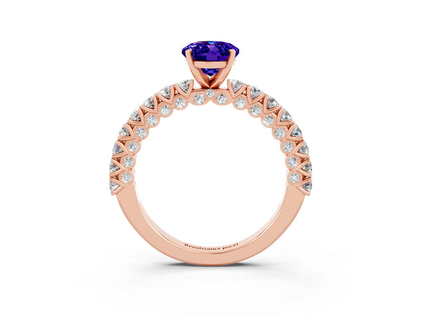 Rose gold Oval Cut Diamond Pavé Band Solitaire Ring with Prong Setting