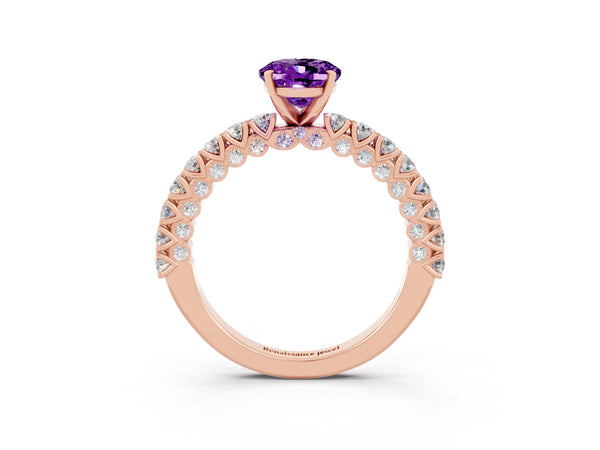 Rose gold Oval Cut Amethyst Solitaire Ring with Round Accent Pavé Band and Prong Setting