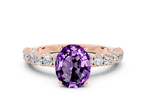 Rose gold Oval Cut Amethyst Solitaire Ring with Round Accent Pavé Band and Prong Setting