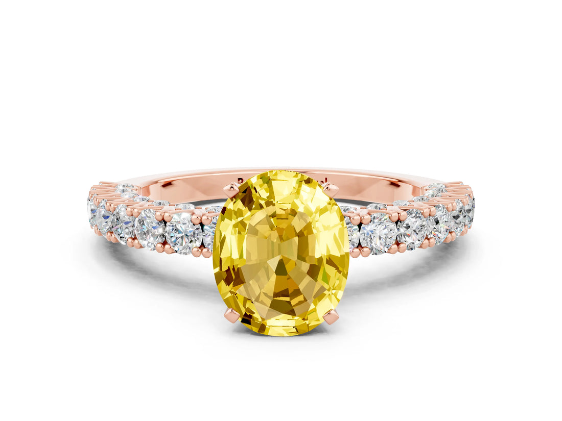 Rose gold Oval Cut Diamond Pavé Band Solitaire Ring with Prong Setting