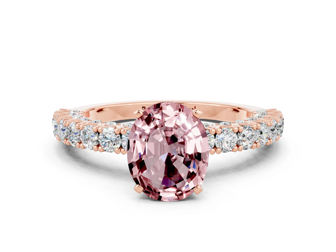 Rose gold Oval Cut Diamond Pavé Band Solitaire Ring with Prong Setting