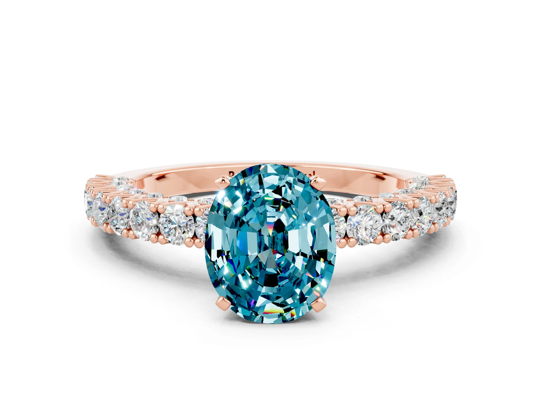 Rose gold Oval Cut Diamond Pavé Band Solitaire Ring with Prong Setting