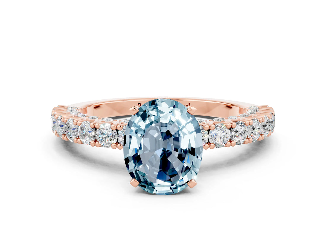 Rose gold Oval Cut Diamond Pavé Band Solitaire Ring with Prong Setting