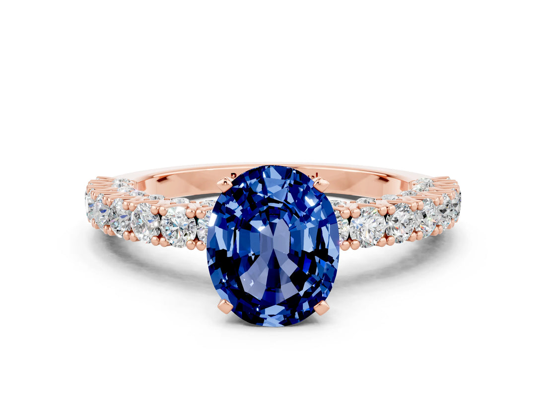 Rose gold Oval Cut Diamond Pavé Band Solitaire Ring with Prong Setting