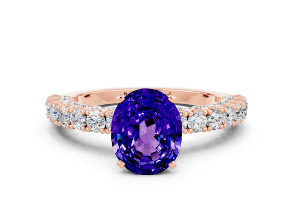 Rose gold Oval Cut Diamond Pavé Band Solitaire Ring with Prong Setting