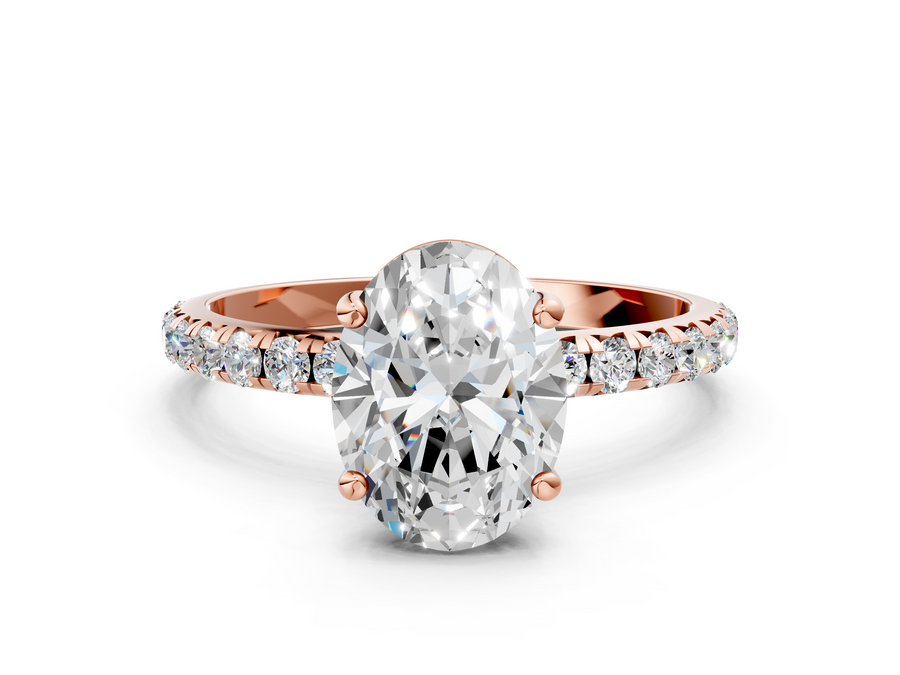 Rose gold Oval Cut Diamond Solitaire Ring with Micro Pave Band and Four Prong Setting
