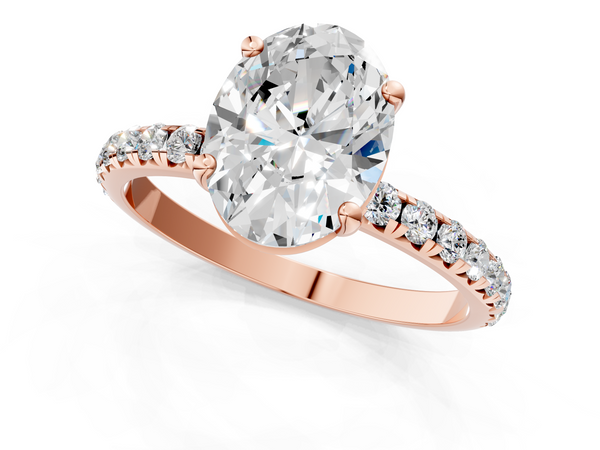 Rose gold Oval Cut Diamond Solitaire Ring with Micro Pave Band and Four Prong Setting