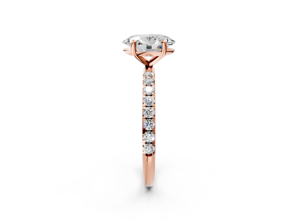 Rose gold Oval Cut Diamond Solitaire Ring with Micro Pave Band and Four Prong Setting