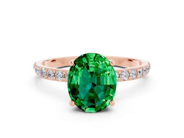 Rose gold Oval Cut Emerald Solitaire Ring with Round Pavé Shoulders and Prong Setting