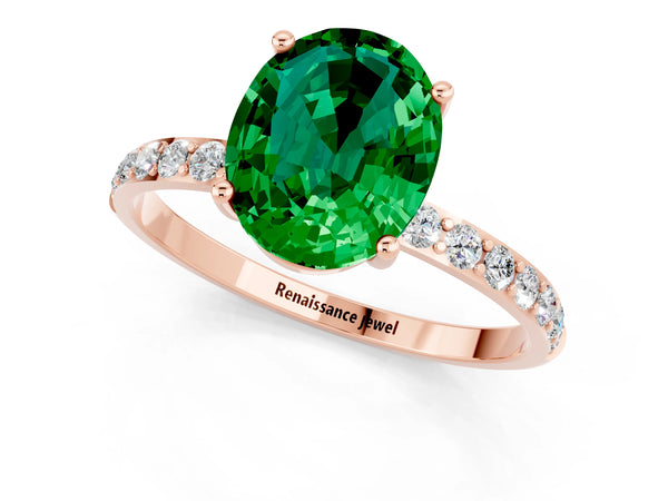 Rose gold Oval Cut Emerald Solitaire Ring with Round Pavé Shoulders and Prong Setting