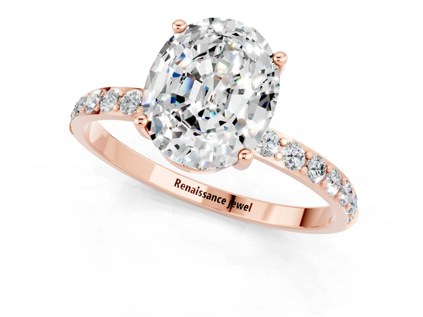 Rose gold Oval Cut Moissanite Solitaire Ring with Round Pavé Shoulders and Prong Setting