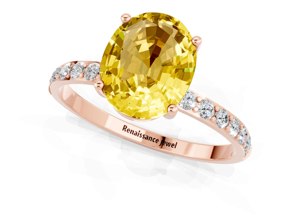 Rose gold Oval Cut Yellow Sapphire Solitaire Ring with Round Pavé Shoulders and Prong Setting