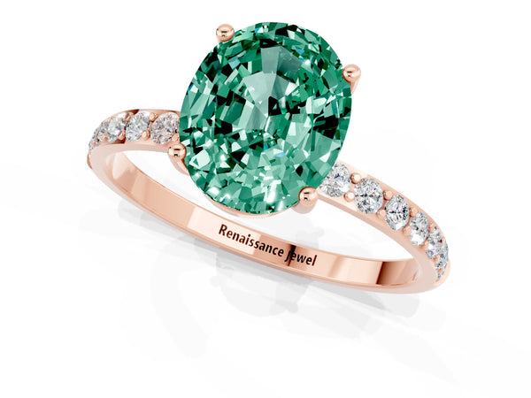Rose gold Oval Cut Green Sapphire Solitaire Ring with Round Pavé Shoulders and Prong Setting