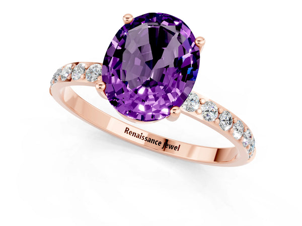 Rose gold Oval Cut Amethyst Solitaire Ring with Round Pavé Shoulders and Prong Setting