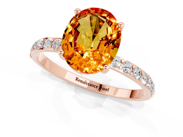 Rose gold Oval Cut Citrine Solitaire Ring with Round Pavé Shoulders and Prong Setting