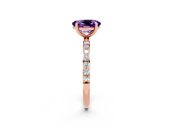 Rose gold Oval Cut Amethyst Solitaire Ring with Round Pavé Shoulders and Prong Setting