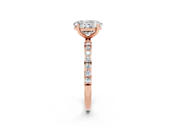 Rose gold Oval Cut Moissanite Solitaire Ring with Round Pavé Shoulders and Prong Setting