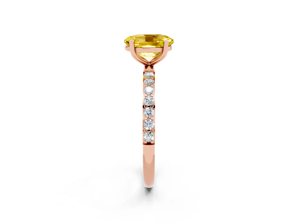 Rose gold Oval Cut Yellow Sapphire Solitaire Ring with Round Pavé Shoulders and Prong Setting