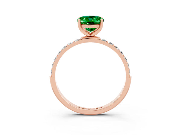 Rose gold Oval Cut Emerald Solitaire Ring with Round Pavé Shoulders and Prong Setting