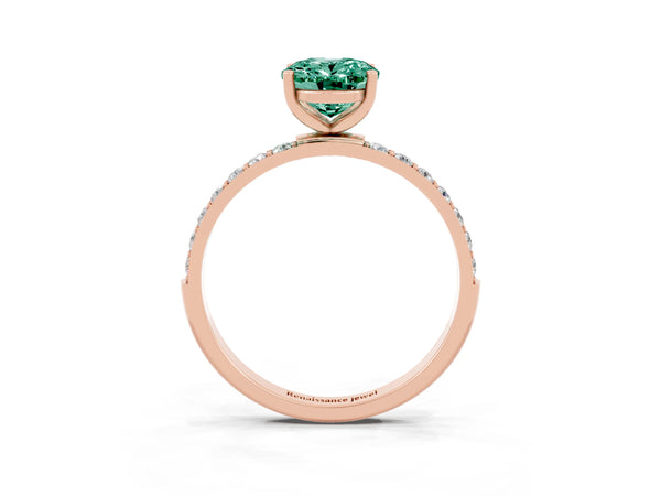 Rose gold Oval Cut Green Sapphire Solitaire Ring with Round Pavé Shoulders and Prong Setting