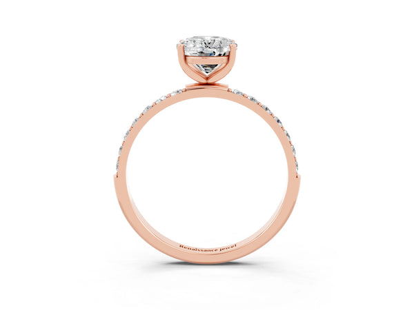 Rose gold Oval Cut Moissanite Solitaire Ring with Round Pavé Shoulders and Prong Setting