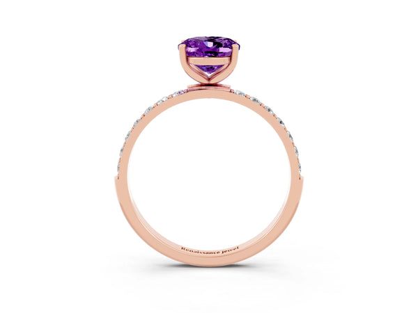 Rose gold Oval Cut Amethyst Solitaire Ring with Round Pavé Shoulders and Prong Setting