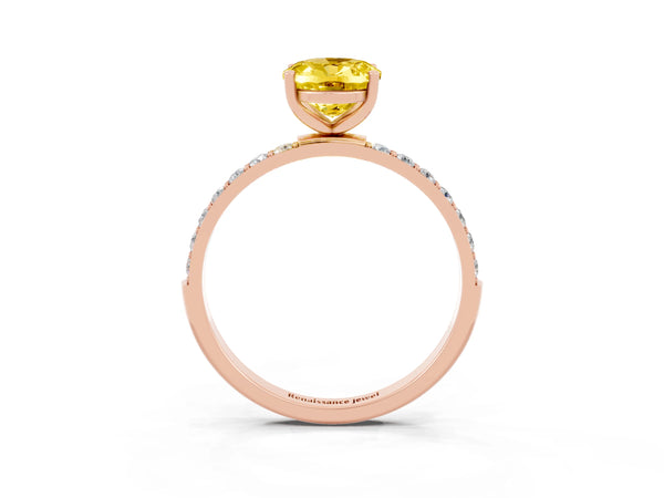 Rose gold Oval Cut Yellow Sapphire Solitaire Ring with Round Pavé Shoulders and Prong Setting