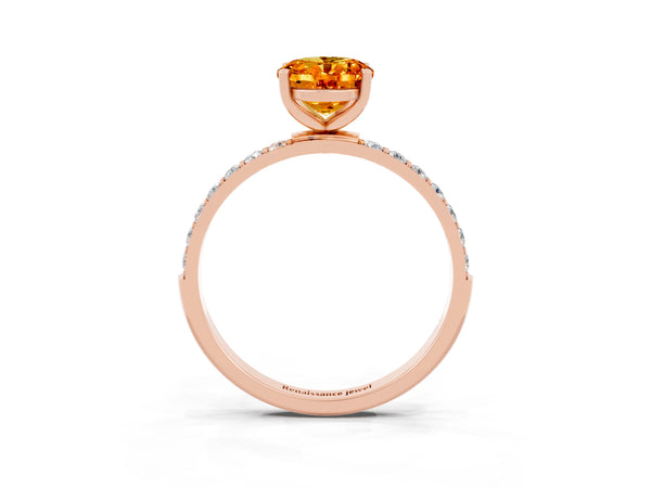 Rose gold Oval Cut Citrine Solitaire Ring with Round Pavé Shoulders and Prong Setting