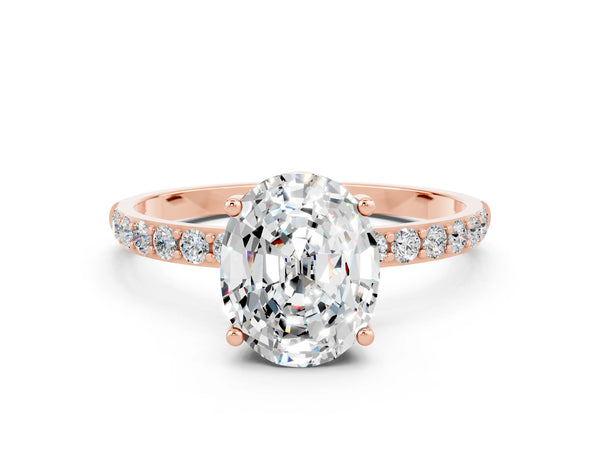 Rose gold Oval Cut Moissanite Solitaire Ring with Round Pavé Shoulders and Prong Setting