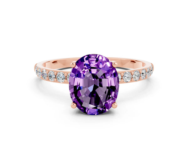 Rose gold Oval Cut Amethyst Solitaire Ring with Round Pavé Shoulders and Prong Setting