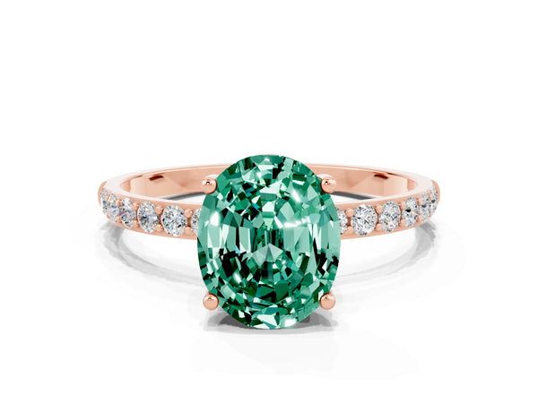 Rose gold Oval Cut Green Sapphire Solitaire Ring with Round Pavé Shoulders and Prong Setting