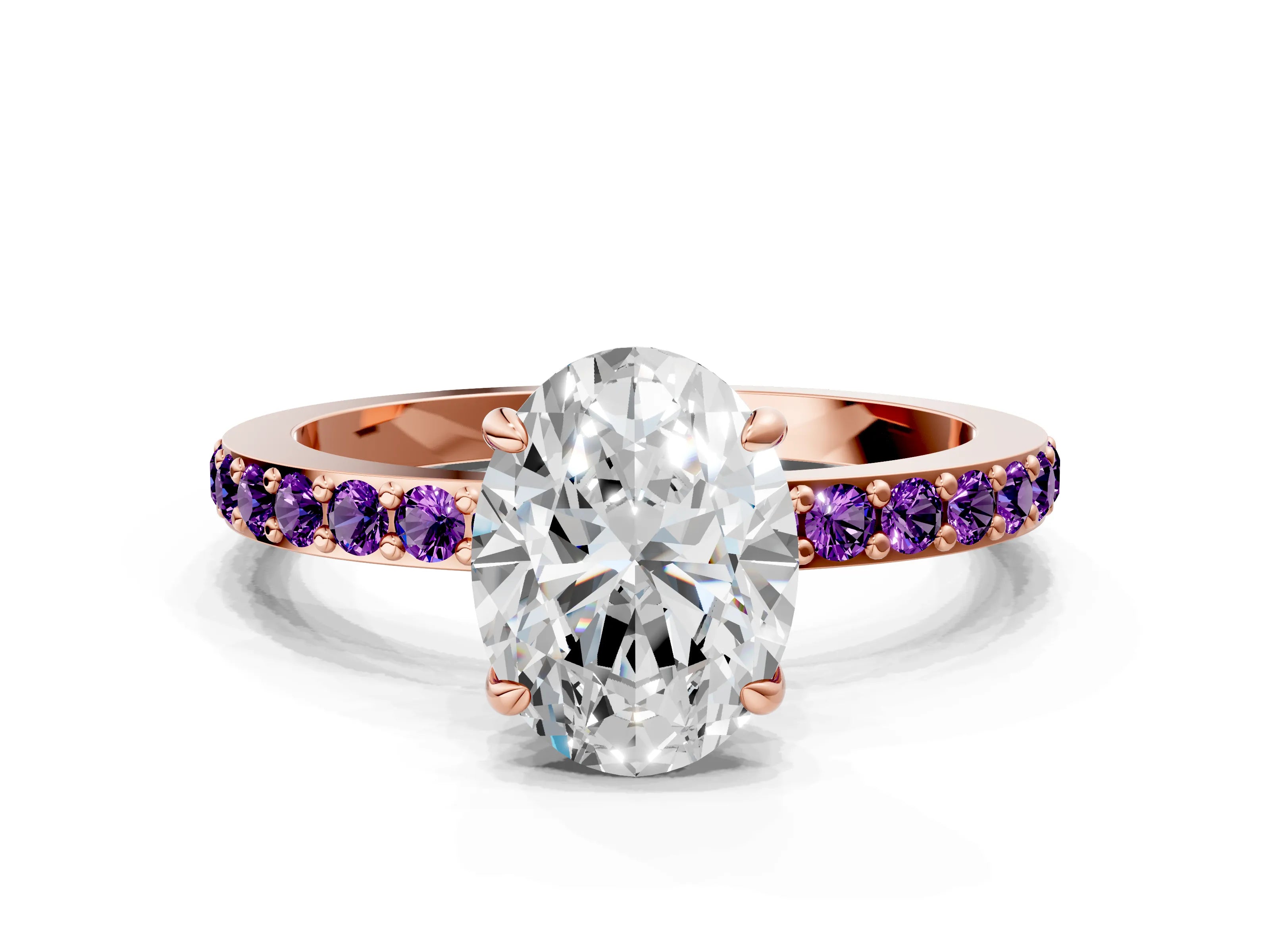 Rose gold Oval Cut Diamond Pavé Engagement Ring with Round with Amethyst side stone Accents and Prong Setting