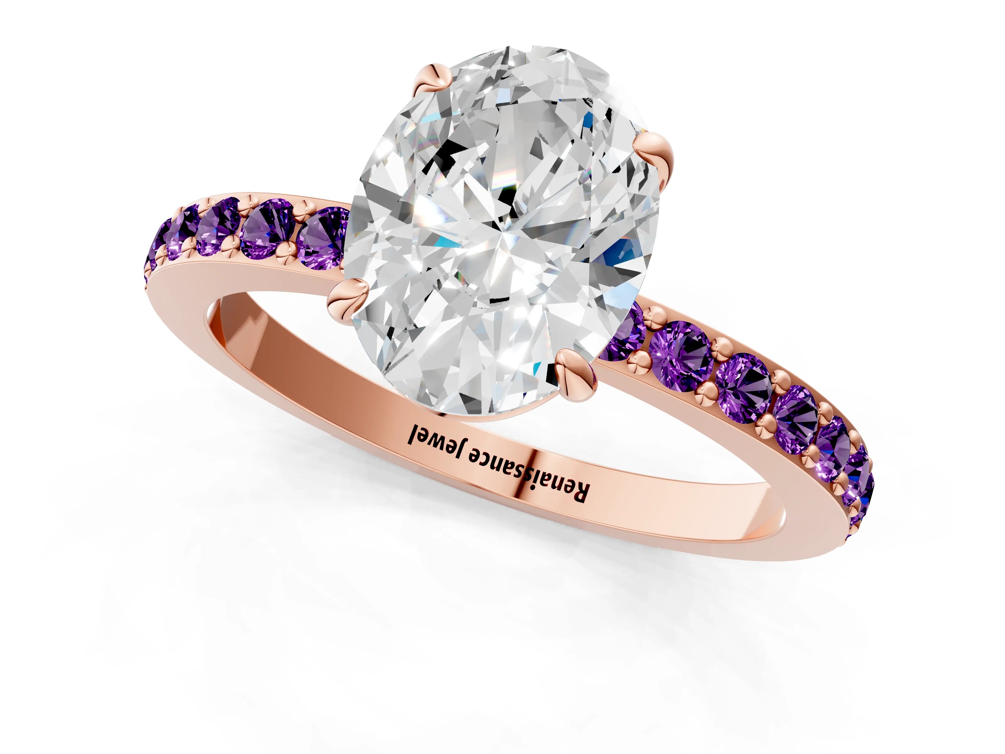 Rose gold Oval Cut Diamond Pavé Engagement Ring with Round with Amethyst side stone Accents and Prong Setting_1
