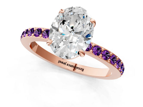 Rose gold Oval Cut Diamond Pavé Engagement Ring with Round with Amethyst side stone Accents and Prong Setting_1