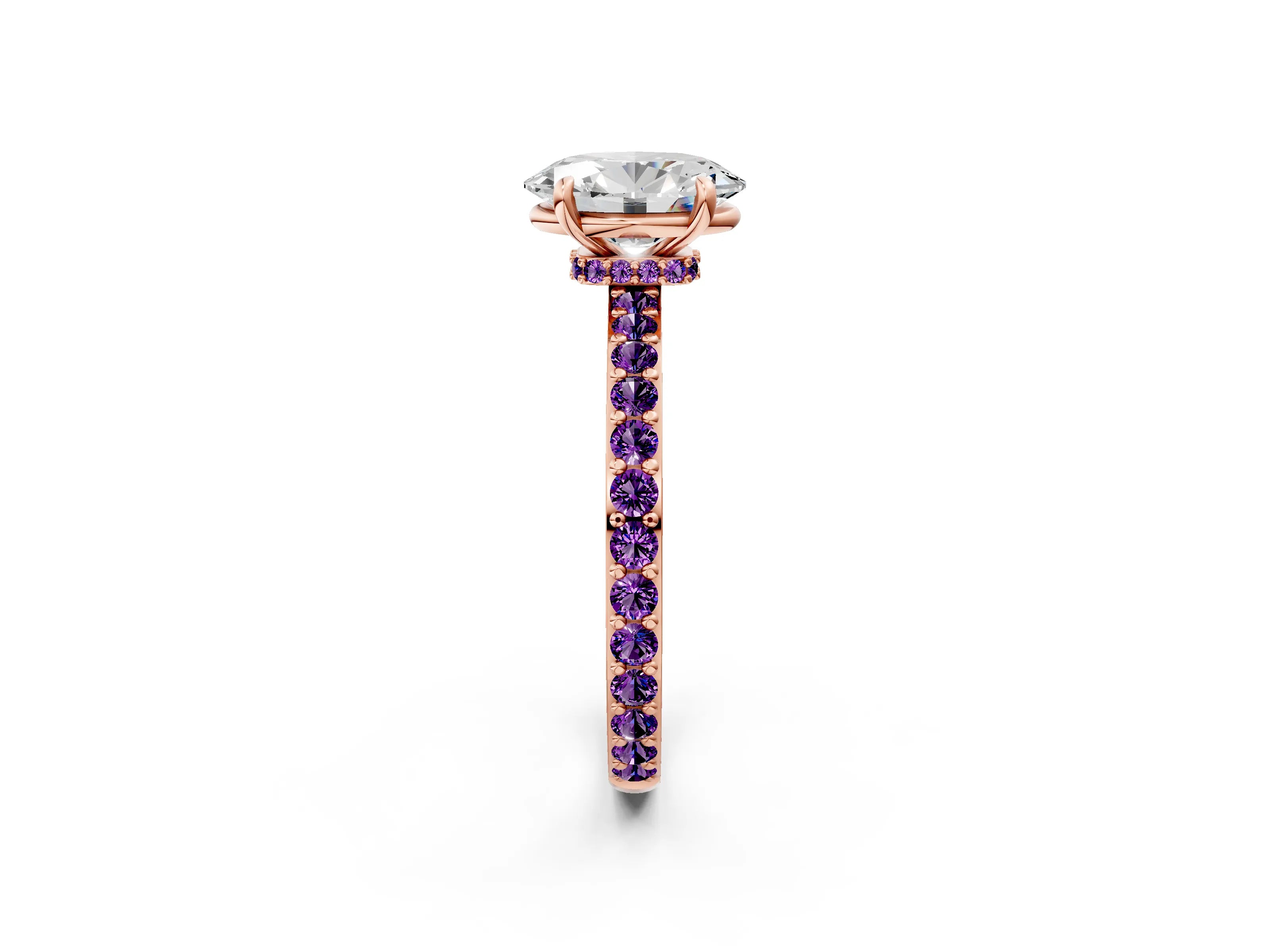 Rose gold Oval Cut Diamond Pavé Engagement Ring with Round with Amethyst side stone Accents and Prong Setting_2