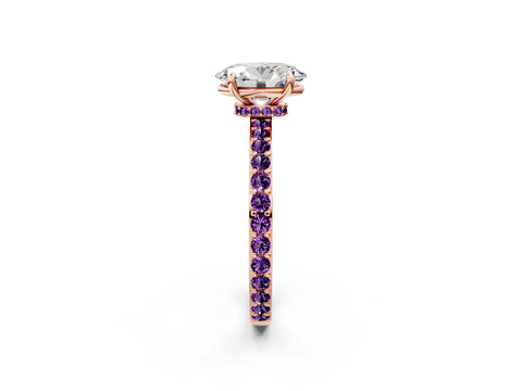 Rose gold Oval Cut Diamond Pavé Engagement Ring with Round with Amethyst side stone Accents and Prong Setting_2