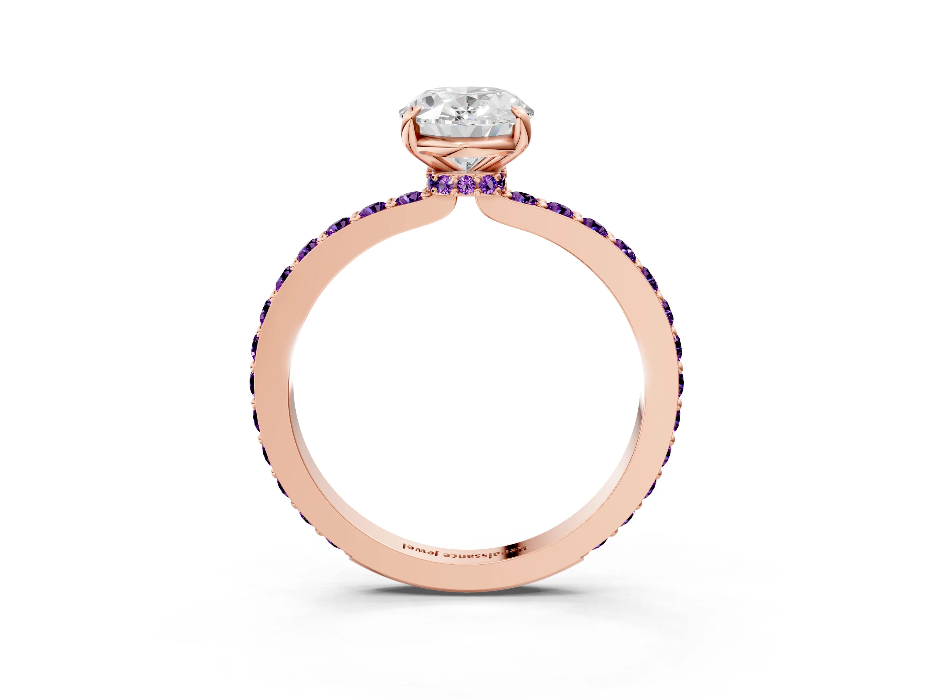 Rose gold Oval Cut Diamond Pavé Engagement Ring with Round with Amethyst side stone Accents and Prong Setting_3