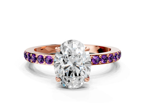 Rose gold Oval Cut Diamond Pavé Engagement Ring with Round with Amethyst side stone Accents and Prong Setting