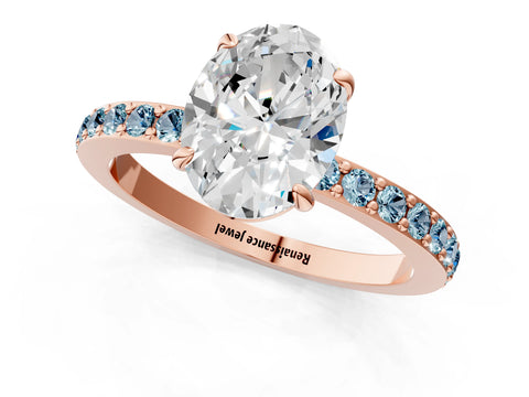 Rose gold Oval Cut Diamond Pavé Engagement Ring with Round with Aquamarine side stone Accents and Prong Setting_1