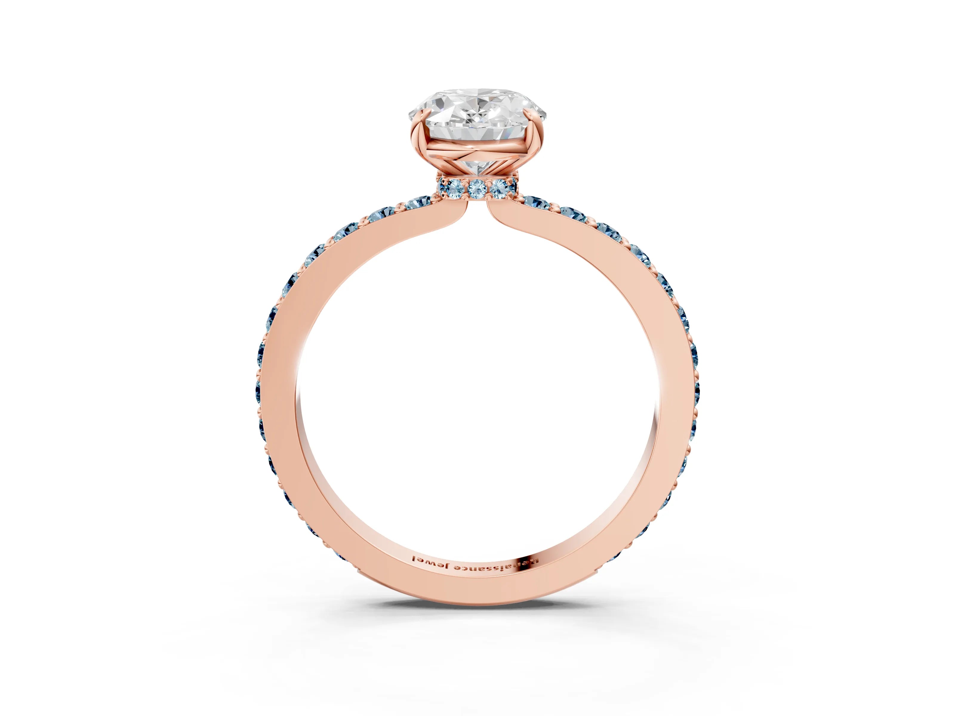 Rose gold Oval Cut Diamond Pavé Engagement Ring with Round with Aquamarine side stone Accents and Prong Setting_3