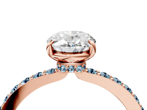 Rose gold Oval Cut Diamond Pavé Engagement Ring with Round with Aquamarine side stone Accents and Prong Setting_4
