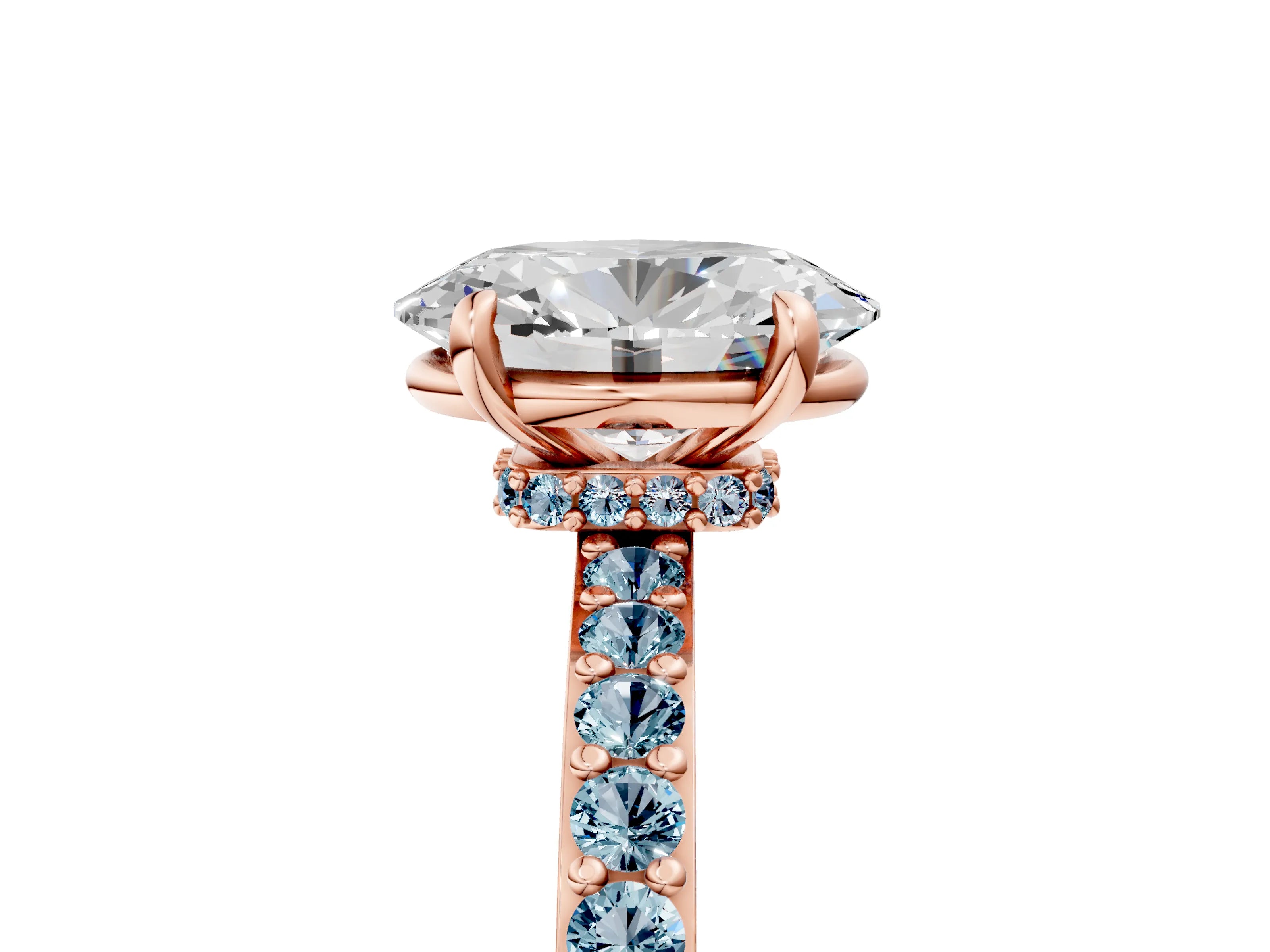 Rose gold Oval Cut Diamond Pavé Engagement Ring with Round with Aquamarine side stone Accents and Prong Setting_5
