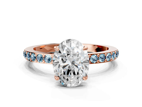 Rose gold Oval Cut Diamond Pavé Engagement Ring with Round with Aquamarine side stone Accents and Prong Setting