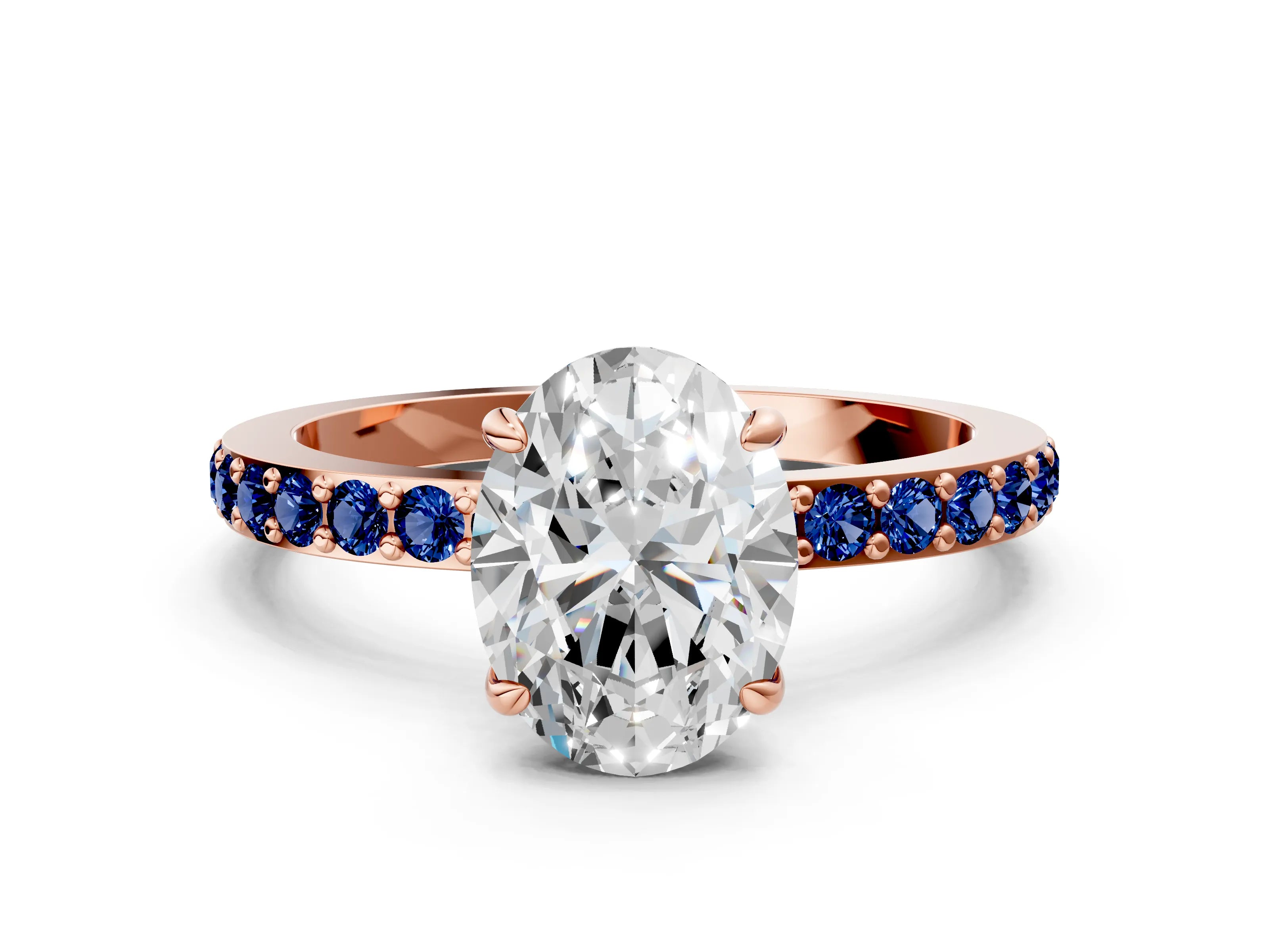 Rose gold Oval Cut Diamond Pavé Engagement Ring with Round with Blue Sapphire side stone Accents and Prong Setting