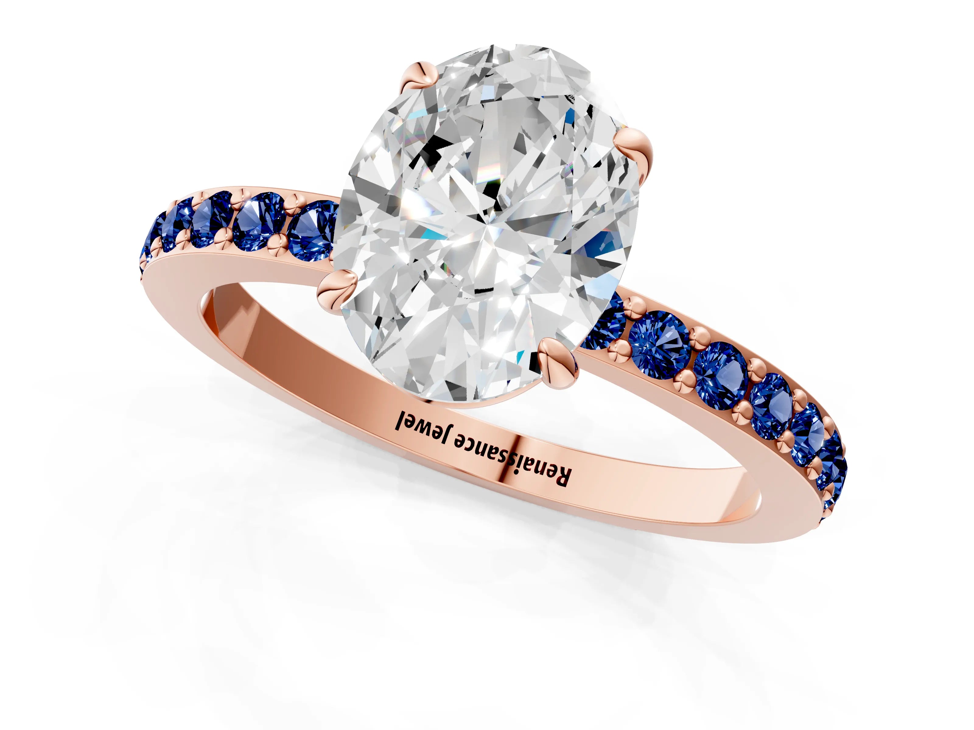 Rose gold Oval Cut Diamond Pavé Engagement Ring with Round with Blue Sapphire side stone Accents and Prong Setting_1