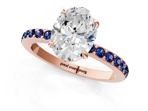 Rose gold Oval Cut Diamond Pavé Engagement Ring with Round with Blue Sapphire side stone Accents and Prong Setting_1