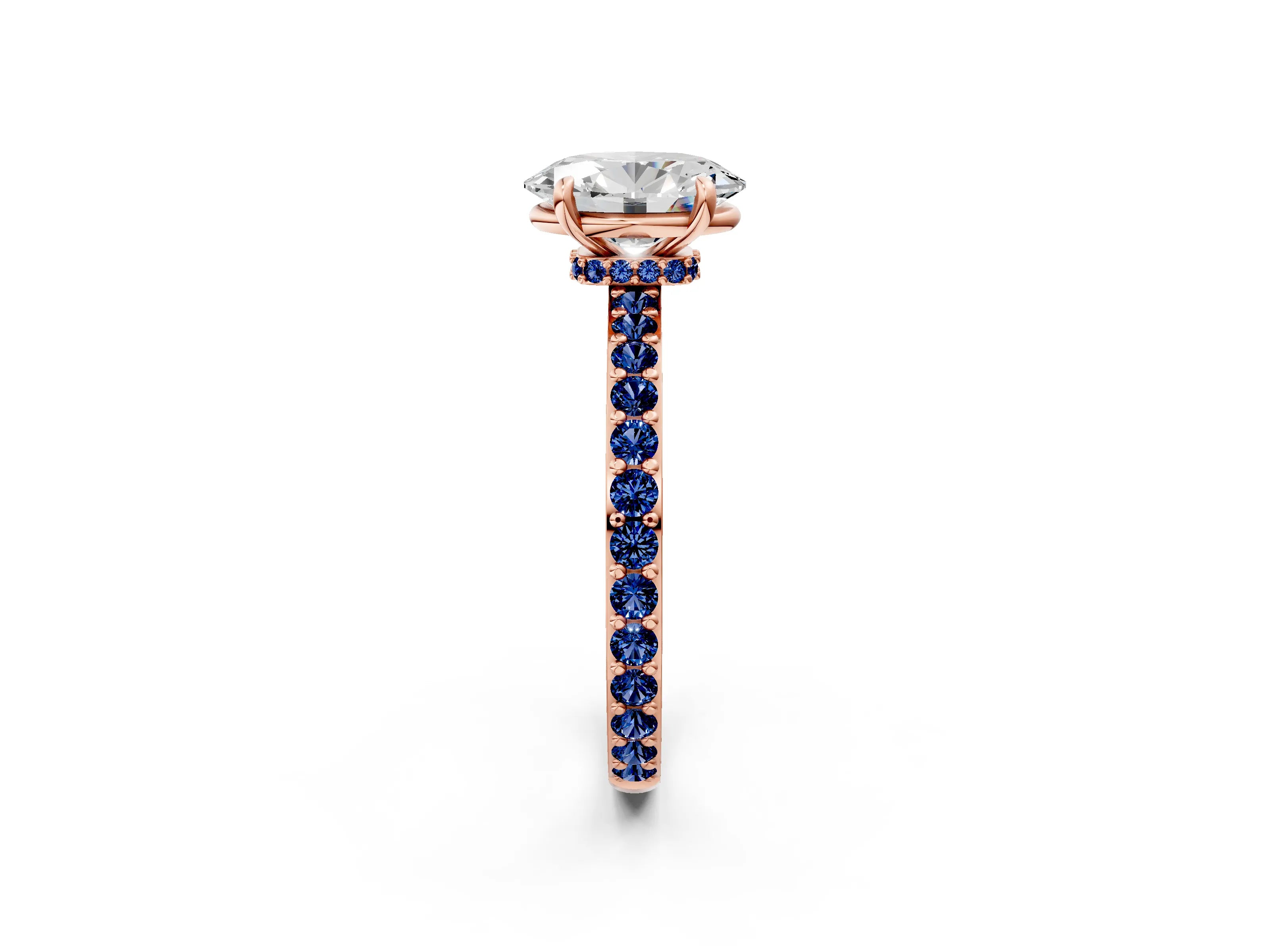 Rose gold Oval Cut Diamond Pavé Engagement Ring with Round with Blue Sapphire side stone Accents and Prong Setting_2