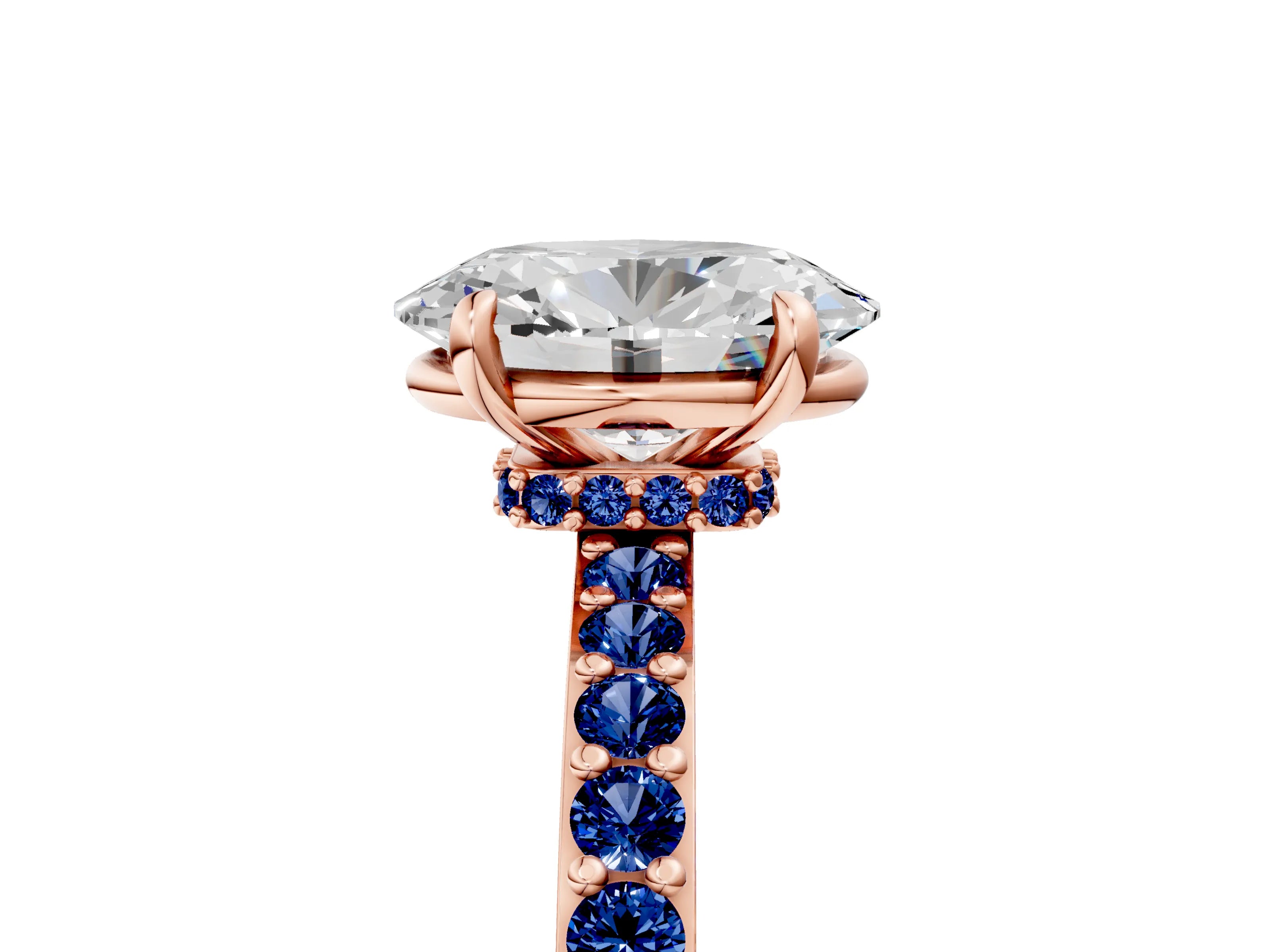 Rose gold Oval Cut Diamond Pavé Engagement Ring with Round with Blue Sapphire side stone Accents and Prong Setting_5