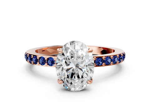 Rose gold Oval Cut Diamond Pavé Engagement Ring with Round with Blue Sapphire side stone Accents and Prong Setting